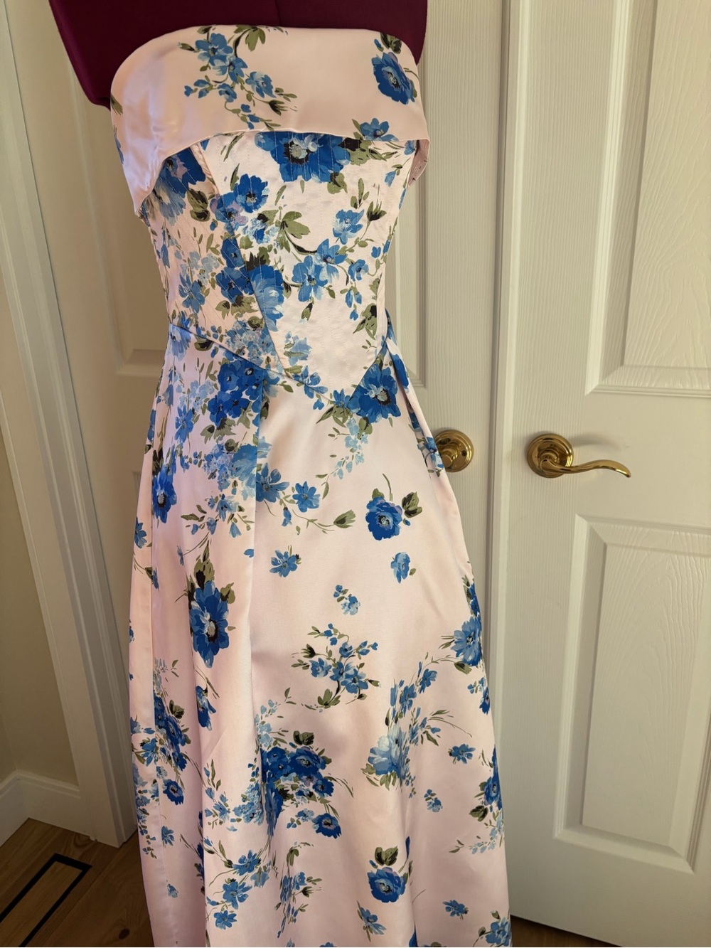 Pink Strapless Floral Dress with Blue Blooms